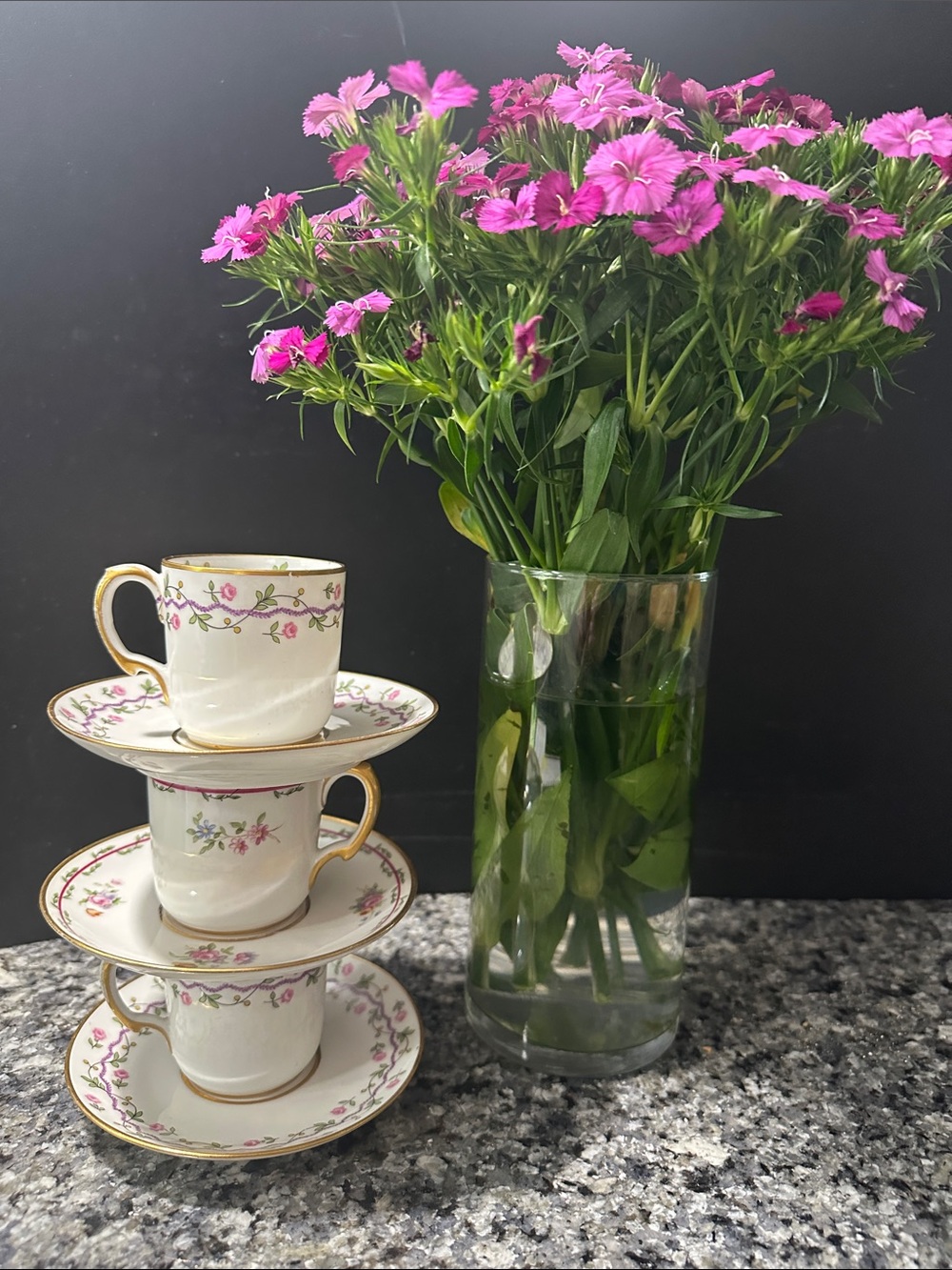 CH Field Haviland Limoges Floral GDA Demitasse Cups & Saucers/Pink Flowers Set 3